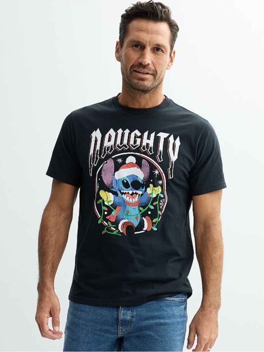 Disney Stitch Graphic T-Shirt Christmas Naughty Holiday Santa Black XL